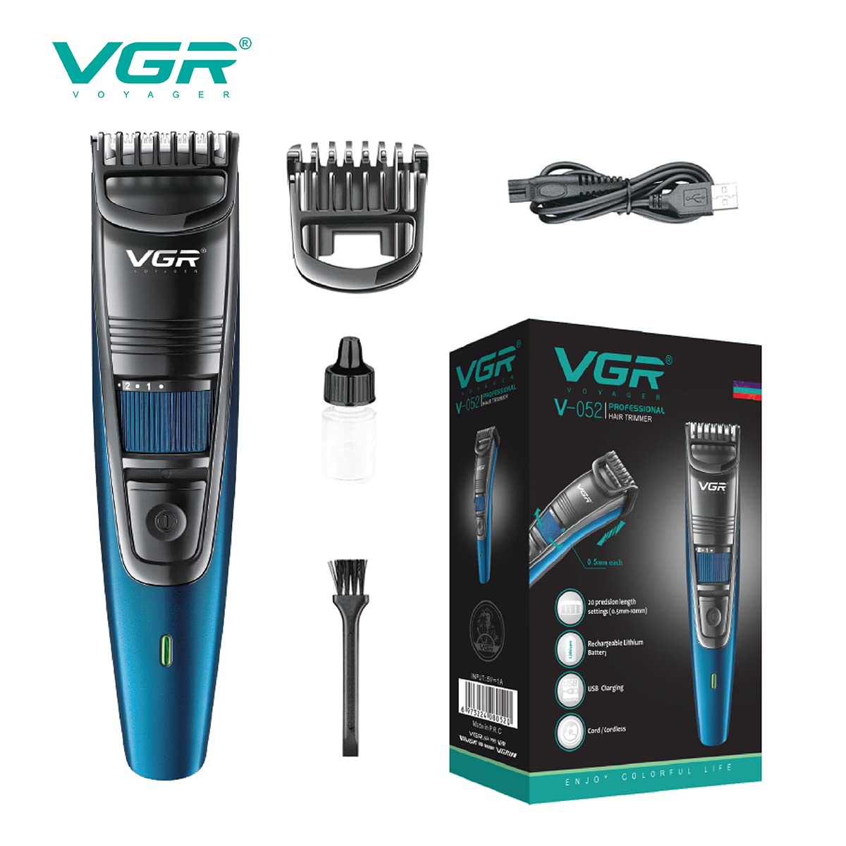 VGR V-052 Professional Hair Clippers Rechargeable Cordless Beard Hair Trimmer Haircut Kit with Guide Combs Brush USB Cord for Men, Family or Pets, Blue