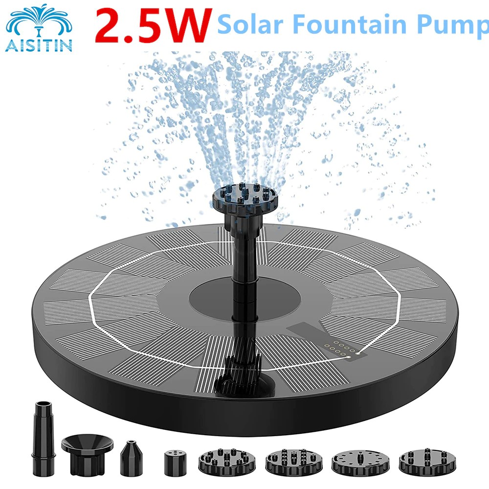 2.5W Solar Fountain Pump Solar Water Pump, AISITIN Floating Fountain with 6 Nozzles, for Bird Bath, Fish tank, Pond Indoor (DS)
