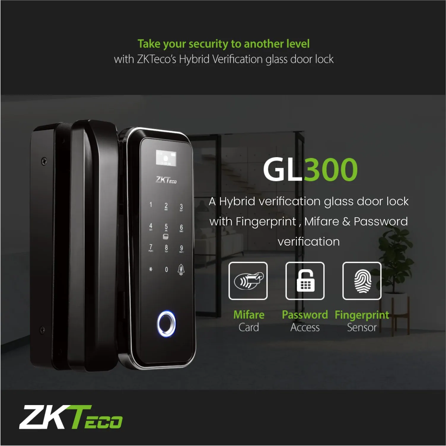 ZKTeco GL300 Fingerprint Glass Door Smart Lock buysalesbd