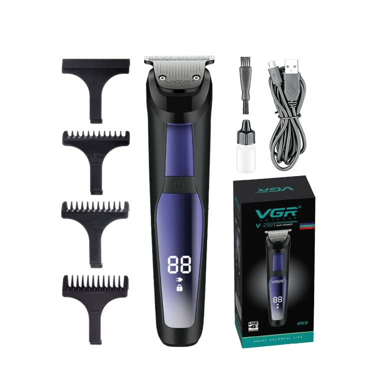VGR V-292 Professional Rechargeable Cordless Beard Hair Trimmer Kit Digital with display with Guide Combs Brush USB Cord for Men, Family or Pets - Blue Reseller Rate: