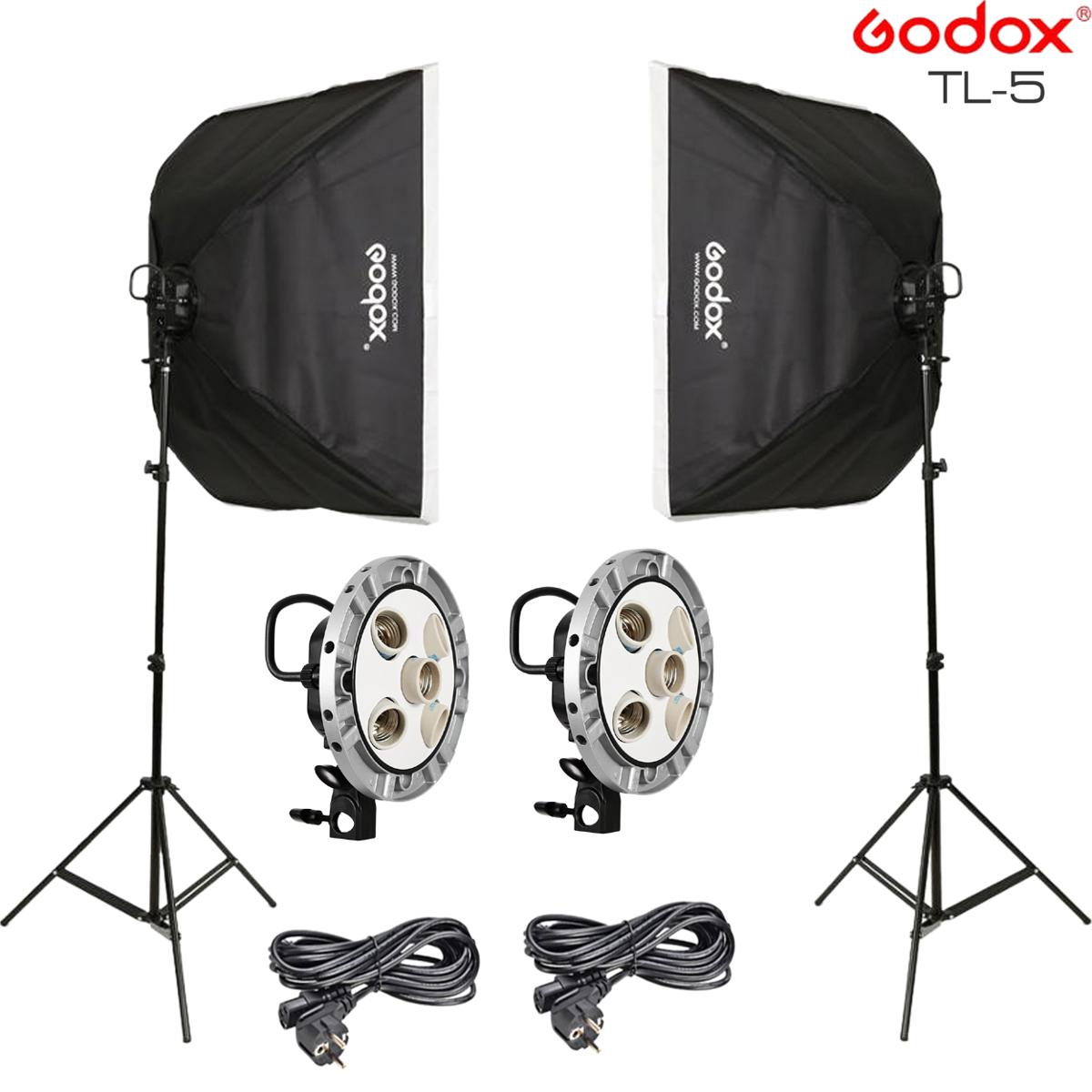 The Godox TL-5 5in1 Bulb Head Multi-Holder Tricolor+Light Stand+softbox 60*60cm Camera Photography Lighting 2pcs Set