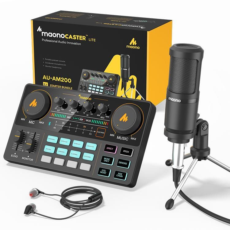 MAONOCASTER Lite Live Streaming Bundle: All-In-One Podcast Production Studio Comes With Digital Audio Interface+ Condenser Mic+ Headphone